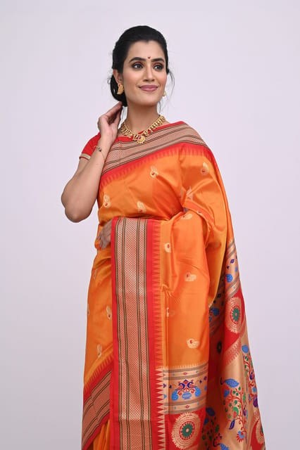 Kimora Bright Orange Woven Paithani Saree – Kimora Fashion Pvt Ltd