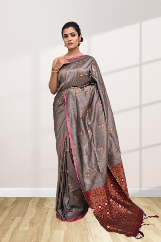 Metallic Grey Tussar Silk Saree with Contrast Border