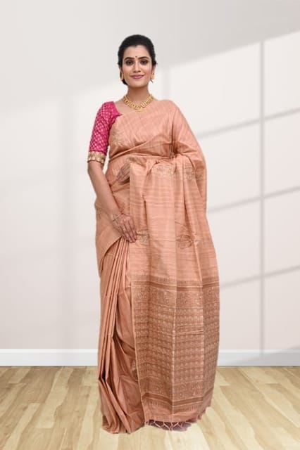 CM - Beige Colour Lichi Silk Saree - Silk Sarees - Sarees - Indian