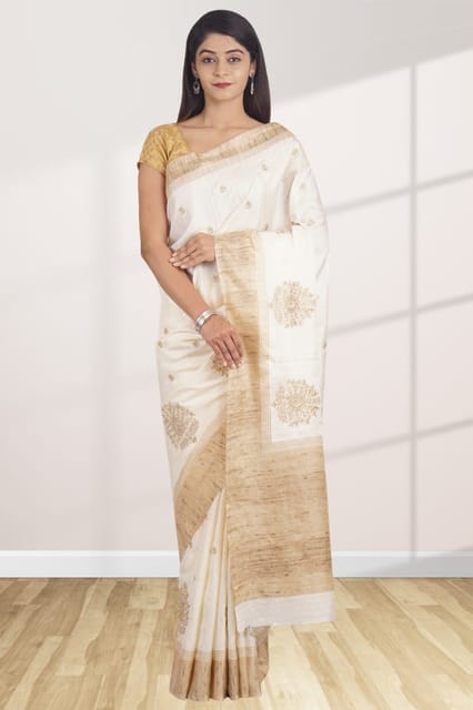 Pearly White Chikankari Linen Saree with Silver Zari