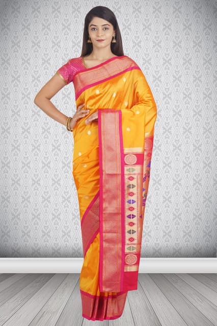 Buy Yellow Paithani Printed Silk Saree From Zeel Clothing