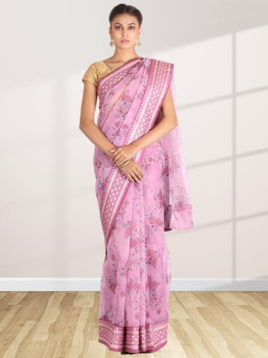 Buy Lavender Shade Handpainted Organza Silk Saree | Beatitude