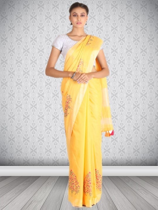 Yellow Linen Saree With Modish Work