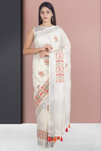 Beautiful White Linen Designer Printed Saree