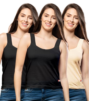 NRG Womens Cotton Assorted Colour Tank Top Half Slips ( Pack of 3 Black - Black - Skin ) L12 Camisole