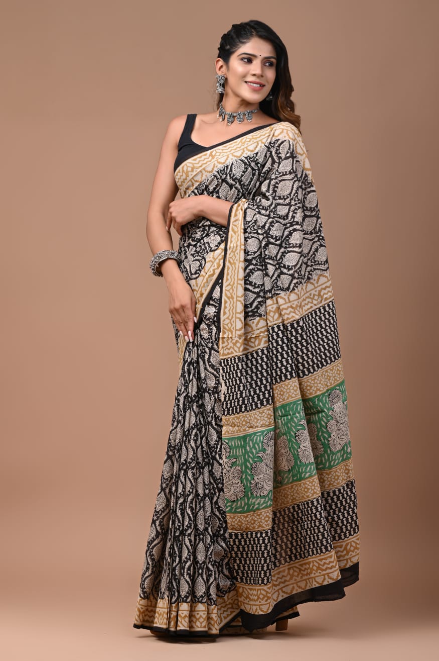 Bagru Handblock Printed Cotton Saree With Blouse