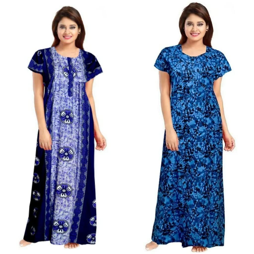 KBNBJ Women's Cotton Printed Nighty/Night Gown Combo Pack of 2 - (Light  Blue, Free Size)