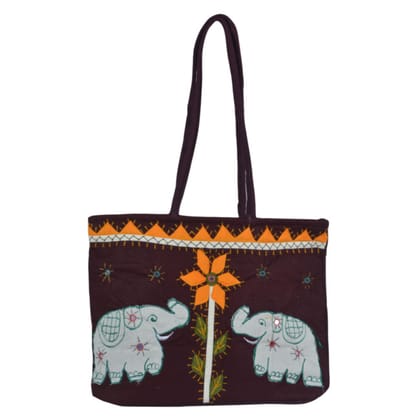 Banjara Handmade Elephant Design Handbag Brown With White Color