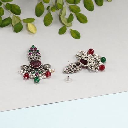 Handcrafted Multicolor Silver Oxidised Vintage Earrings with Caurving Stone.