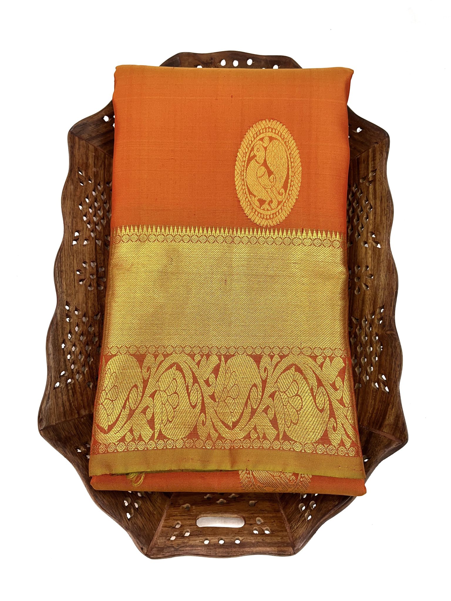 Orange with Olive Green Color Pure Kanjivaram Silk Saree