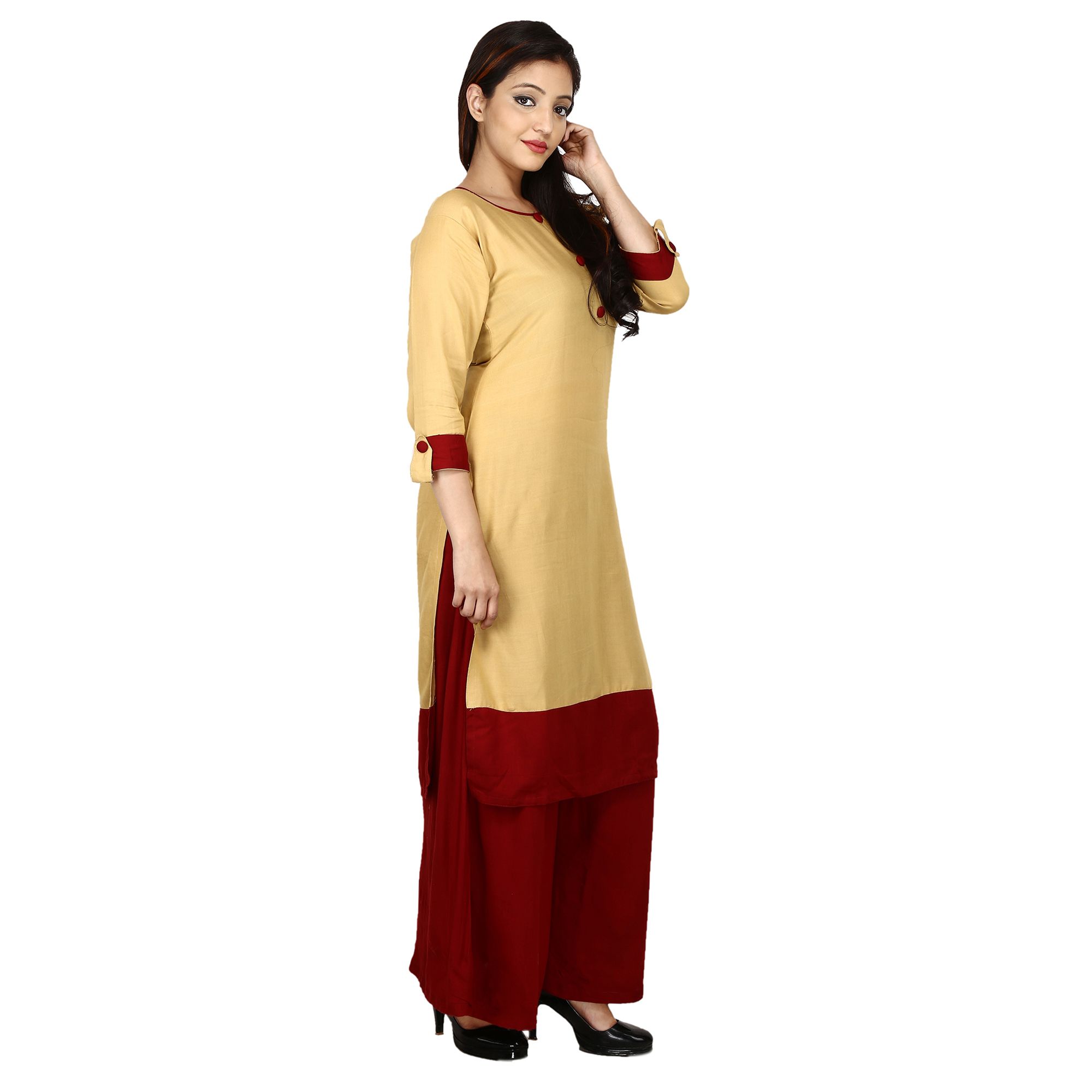 Rayon Beige Kurti And Maroon Plazzo Set