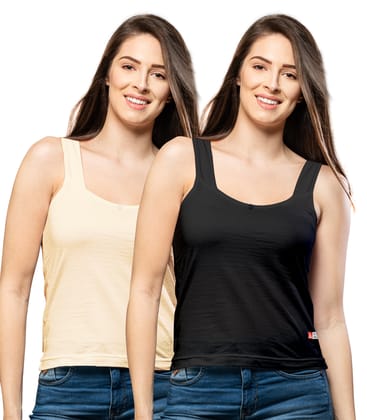 NRG Womens Cotton Assorted Colour Tank Top Half Slips ( Pack of 2 Skin - Black ) L12 Camisole