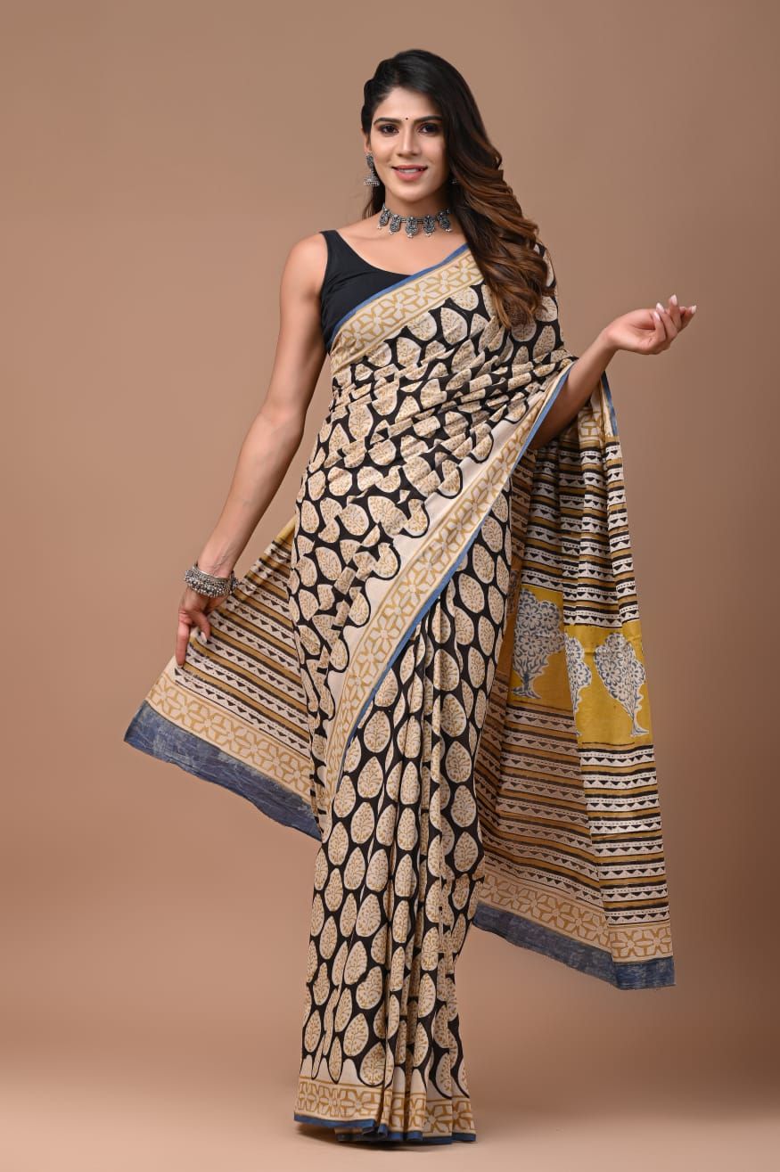 Bagru Handblock Printed Cotton Saree With Blouse