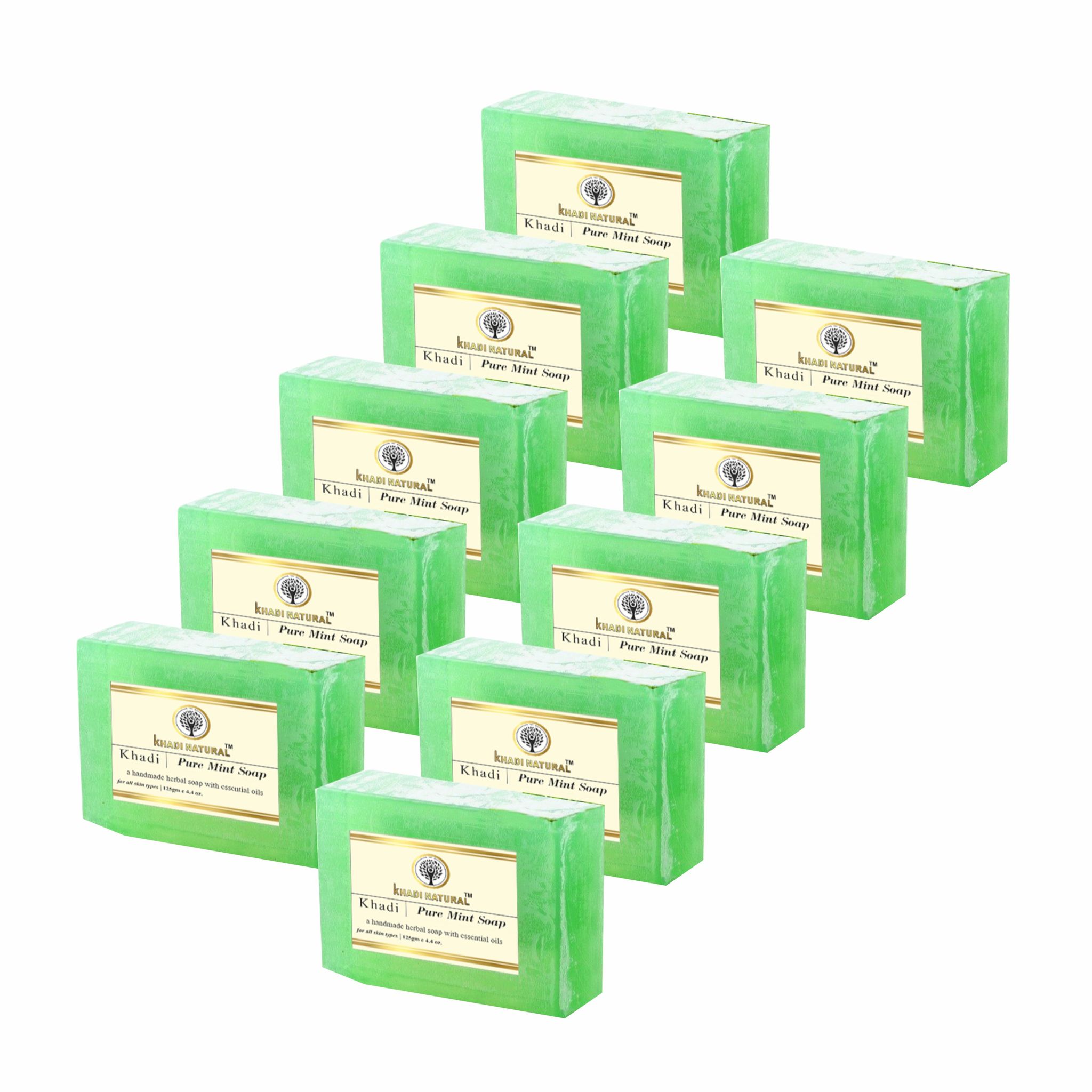 Khadi Natural Pure Mint Soap 125g (Pack of 10) - Minty Freshness for Skin and Senses