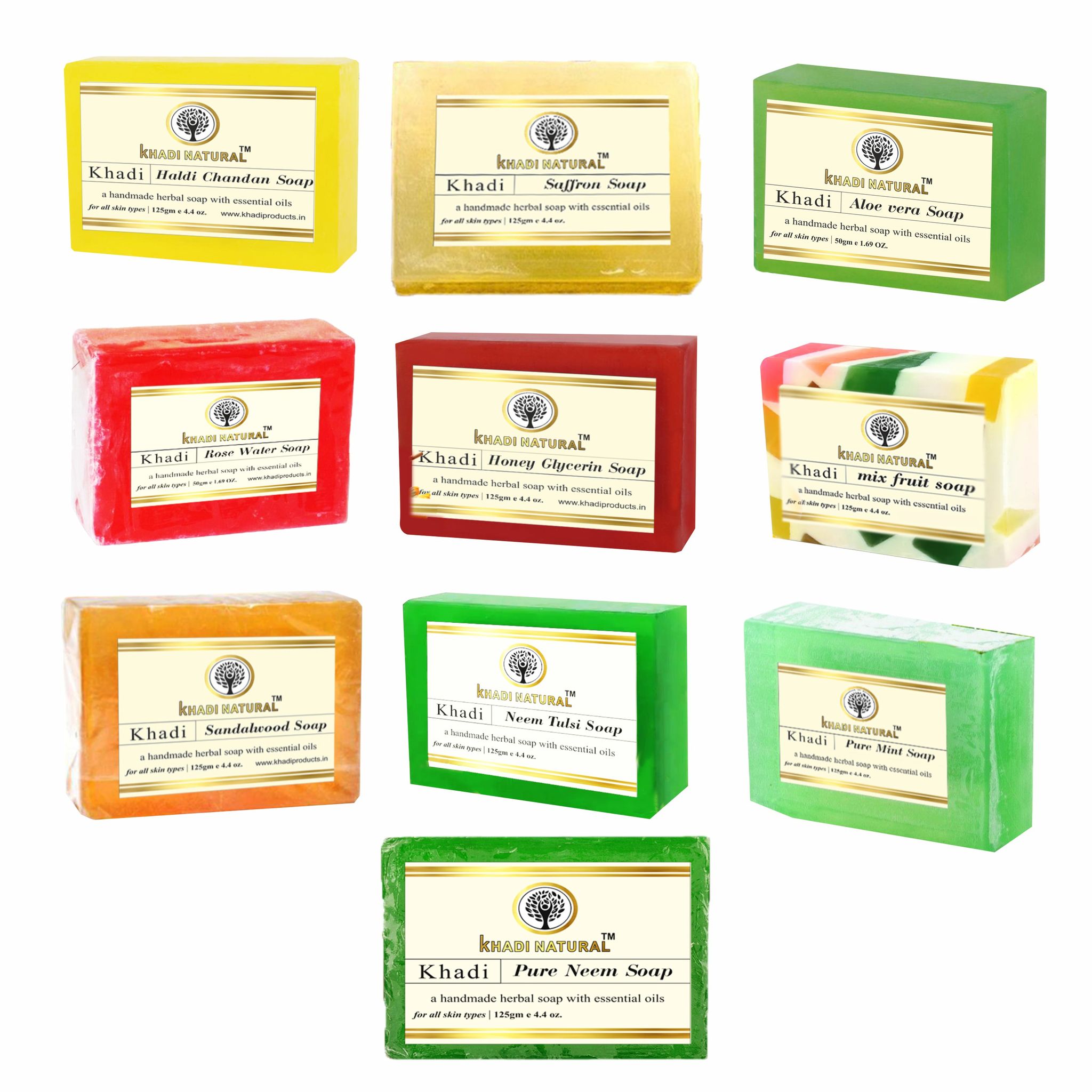 Khadi Natural Mix Soaps Combo 125g (Pack of 10) - Diverse Range of Herbal Skin and Hair