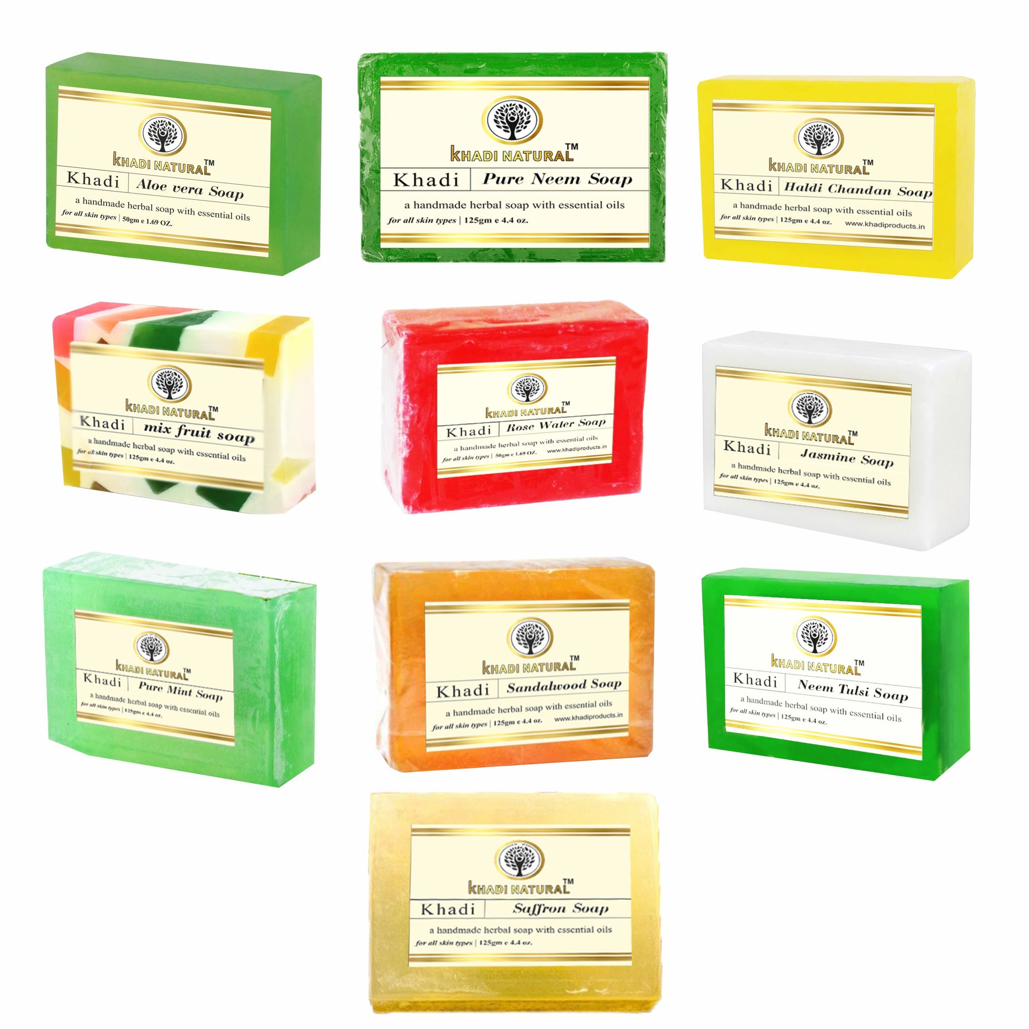 Khadi Natural Mix Soaps Combo 125g (Pack of 10) - Diverse Range of Herbal Skin and Hair Care