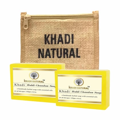 Khadi Natural Jute Haldi Chandan Soap 125g (Pack of 2) - Turmeric and Sandalwood-Infused Herbal Cleanse in Eco-Friendly Packaging