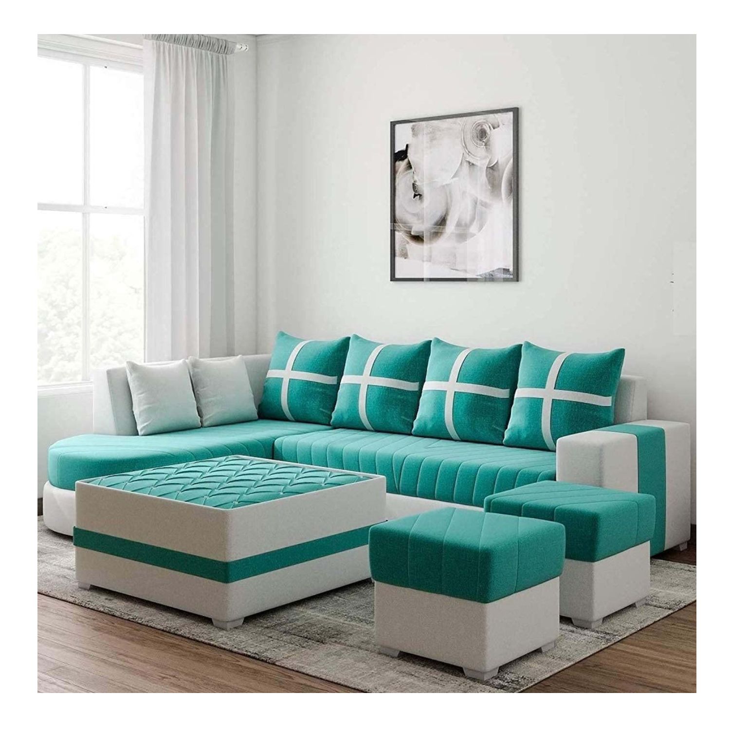 INTERIO LEATHERETTE 7 SEATER SOFA (STANDARD SIZE, CREAM AND ORCHID GREEN)