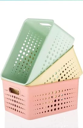 SR 3 Pieces Plastic Storage Basket Multipurpose Colorful For Kitchen & Home Organiser Box For Wardrobe, Fruits Vegetables, Toys, Stationary Items