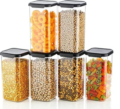 SR Plastic Square Kitchen Storage Container Jar Set, Clear, Black 1100 Ml (6 Pcs)