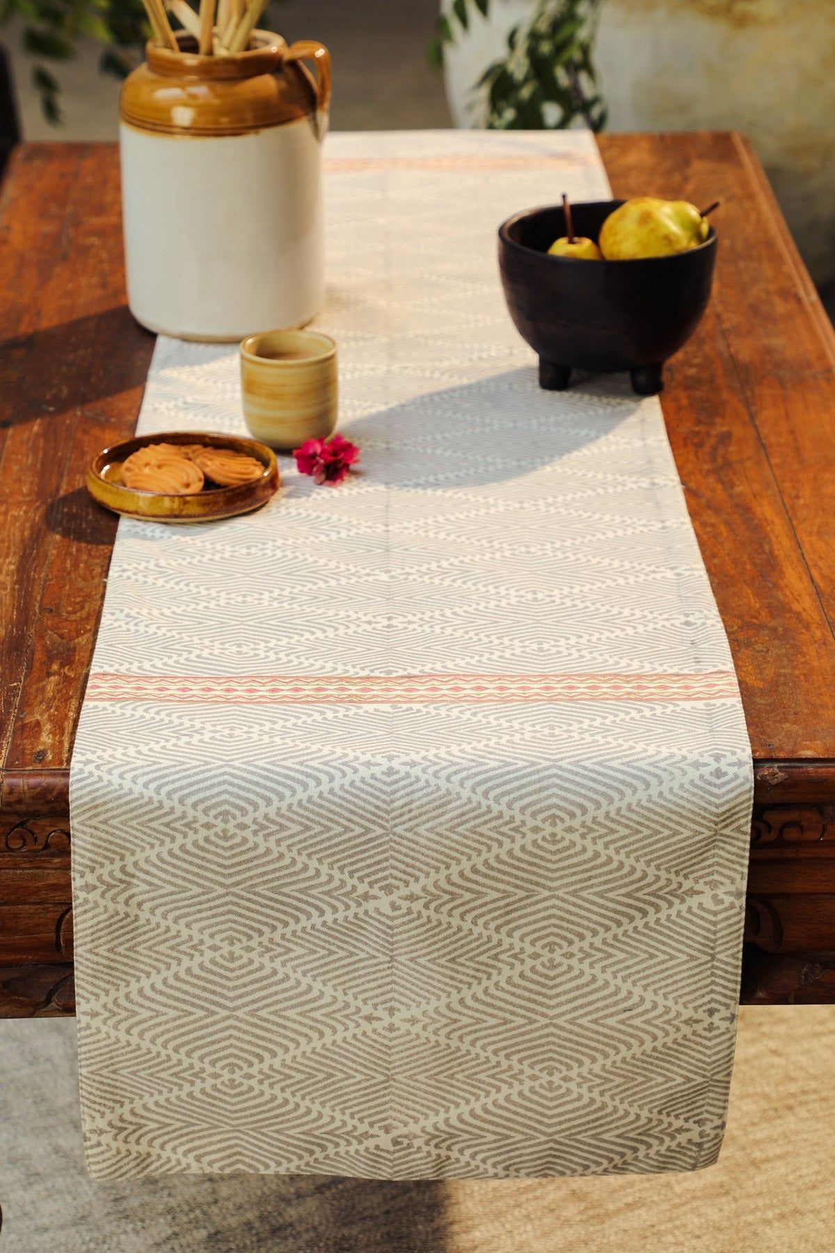 Aaira Grey Table Runner With Geometric Patterns