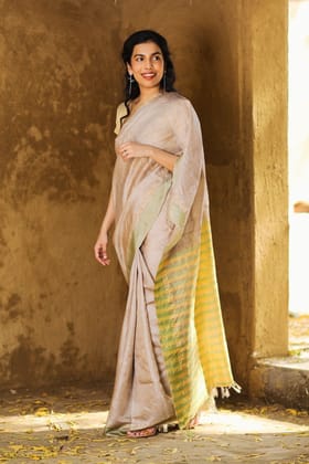 Genda Phool Beige With Stripe Saree