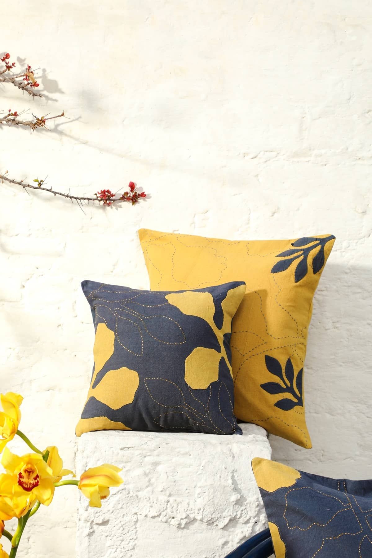 Aranya Grey Small Cushion Cover With Mustard Petals