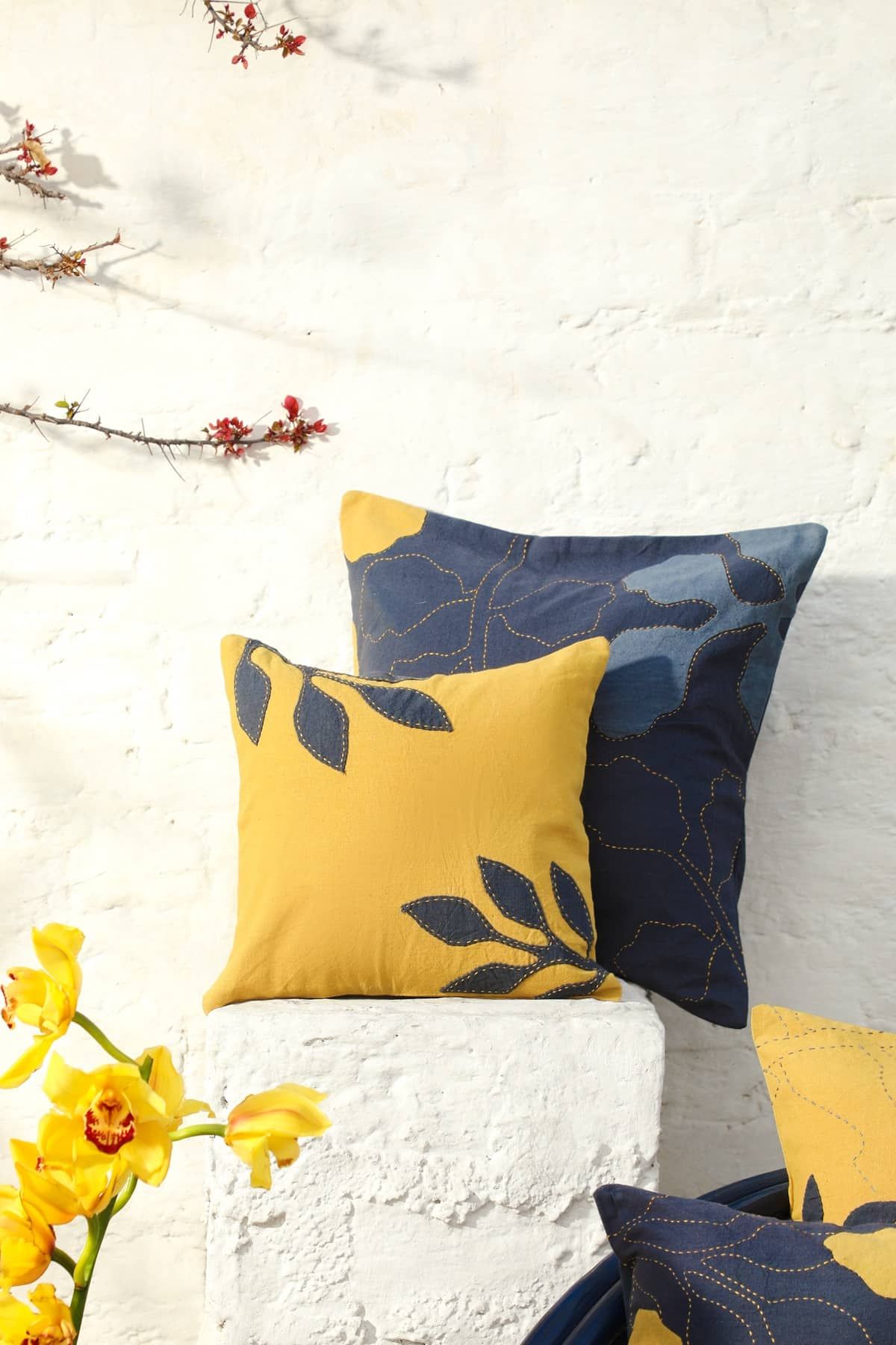 Aranya Mustard Small Cushion Cover With Grey Petals