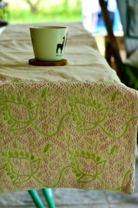 Bageecha Pink & Green Chikankari Jal & Butti Table Runner