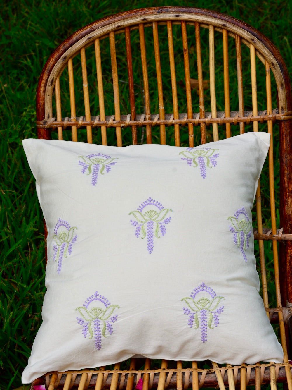 Bageecha Lavender & Green Chikankari Butta Cushion Cover