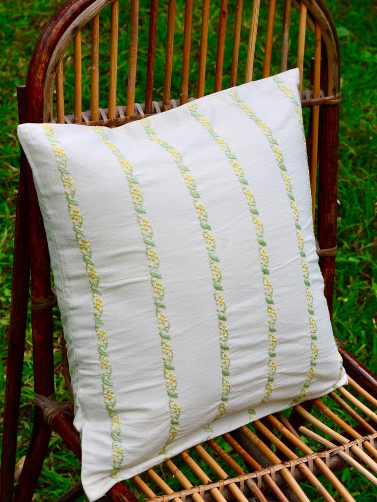 Bageecha Mint Green & Lemon Chikankari Stripe Cushion Cover (16X16 inch)