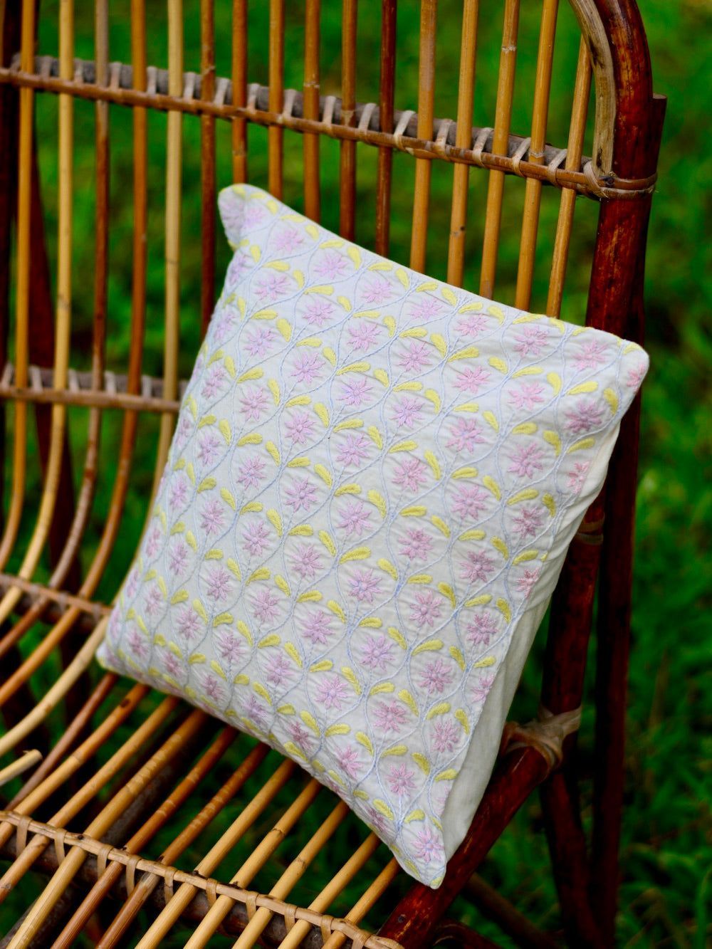 Bageecha Pink & Lemon Chikankari Ogee Cushion Cover (Small)