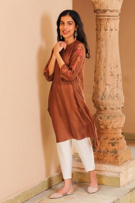 Juhi Brown Kurta With Crewel Embroidered Sleeves