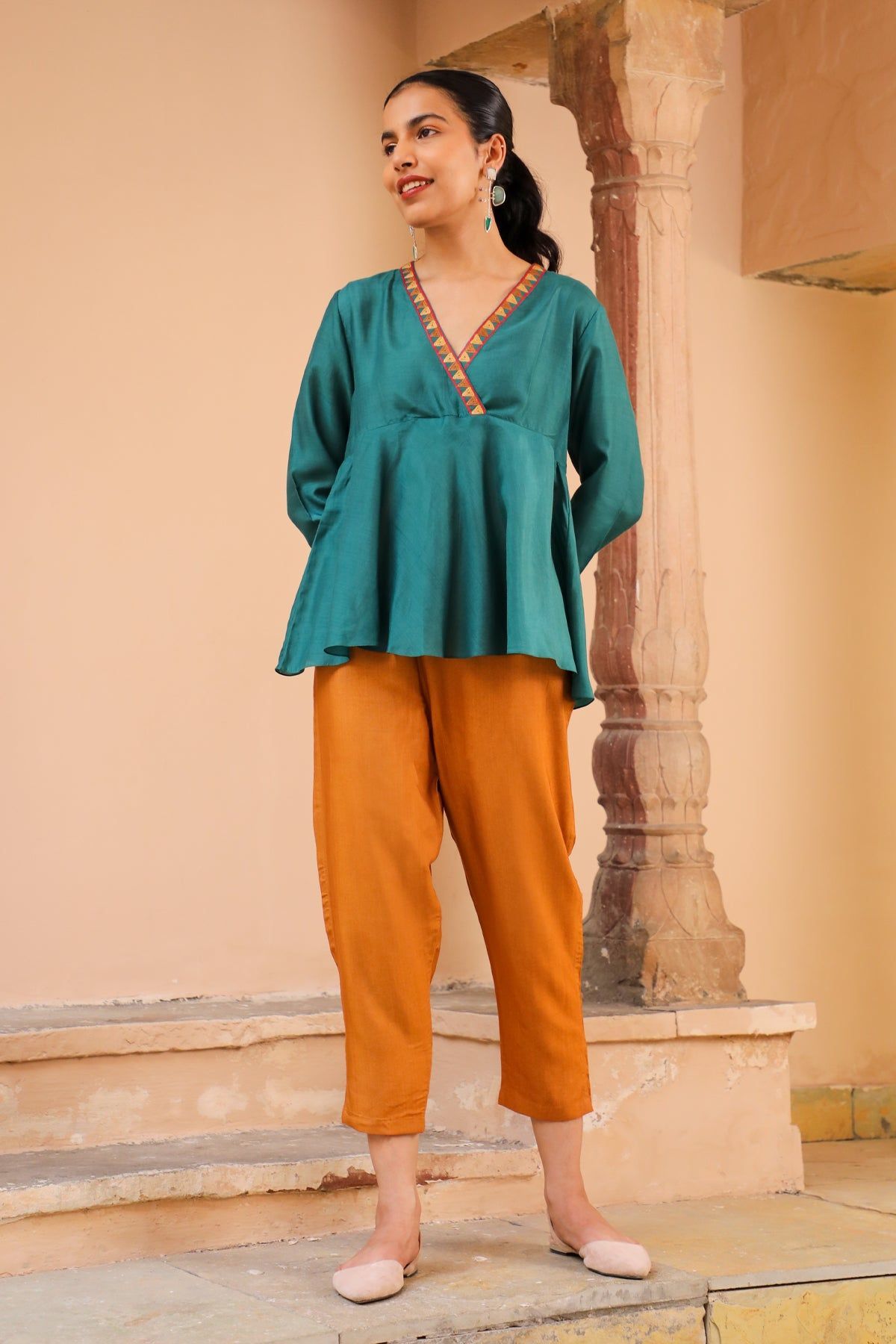 Juhi Teal Green Peplum Top With Crewel Embroidery