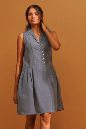 Maya Navy Handwoven Striped Pleated Dress