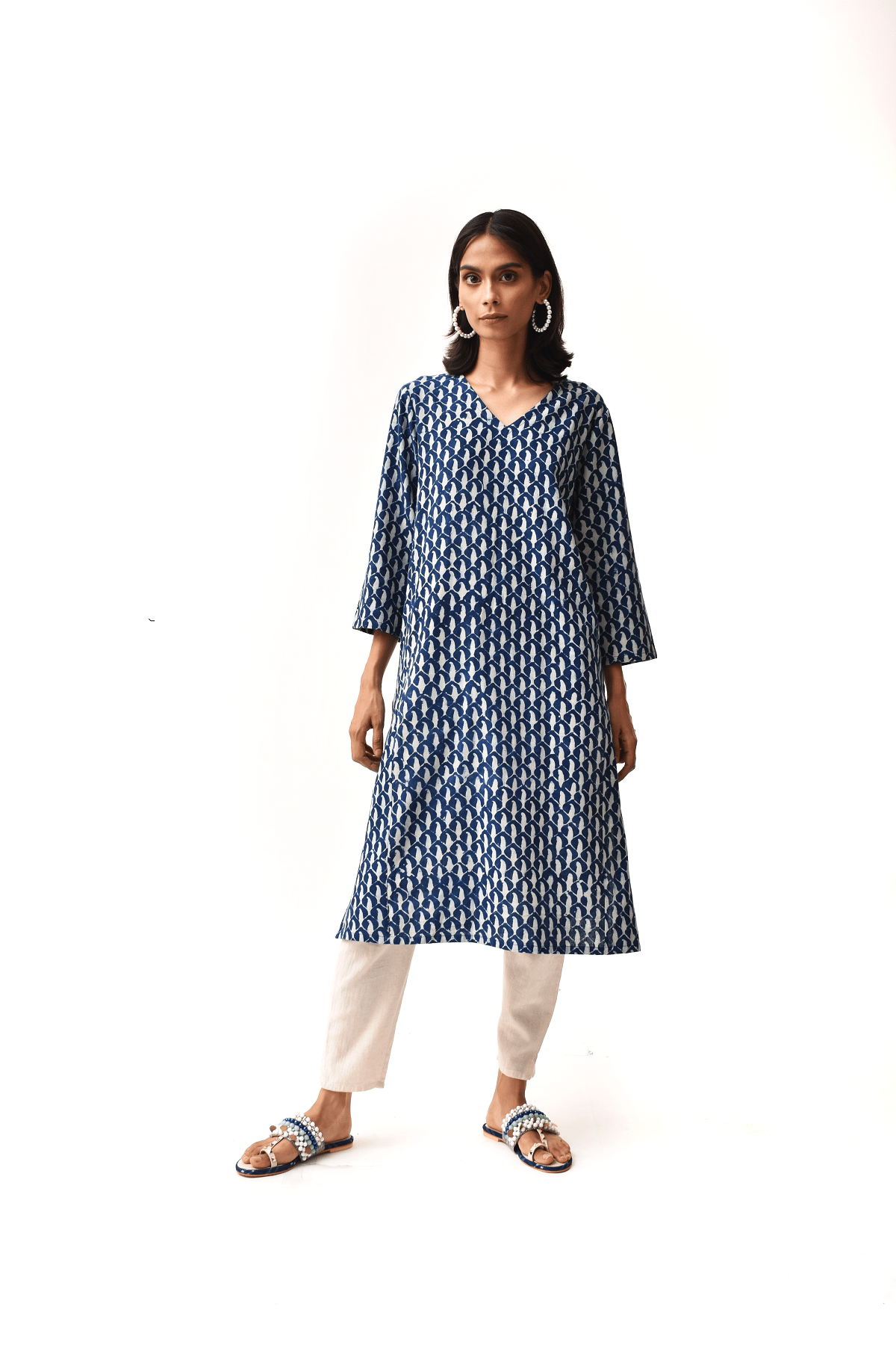 Indigo Three Quarter Sleeves V-Neck Women's Kurta