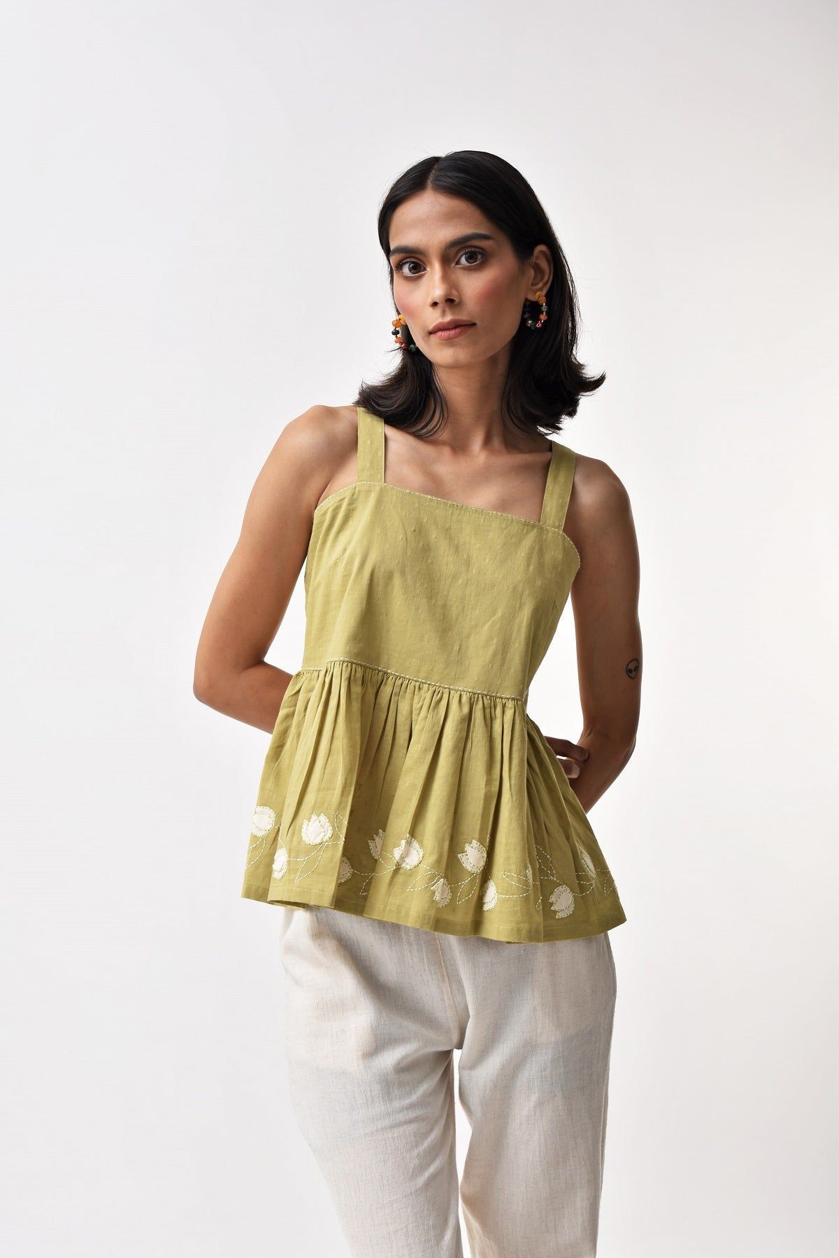 Arrosa Applique Green Cotton Strappy Top