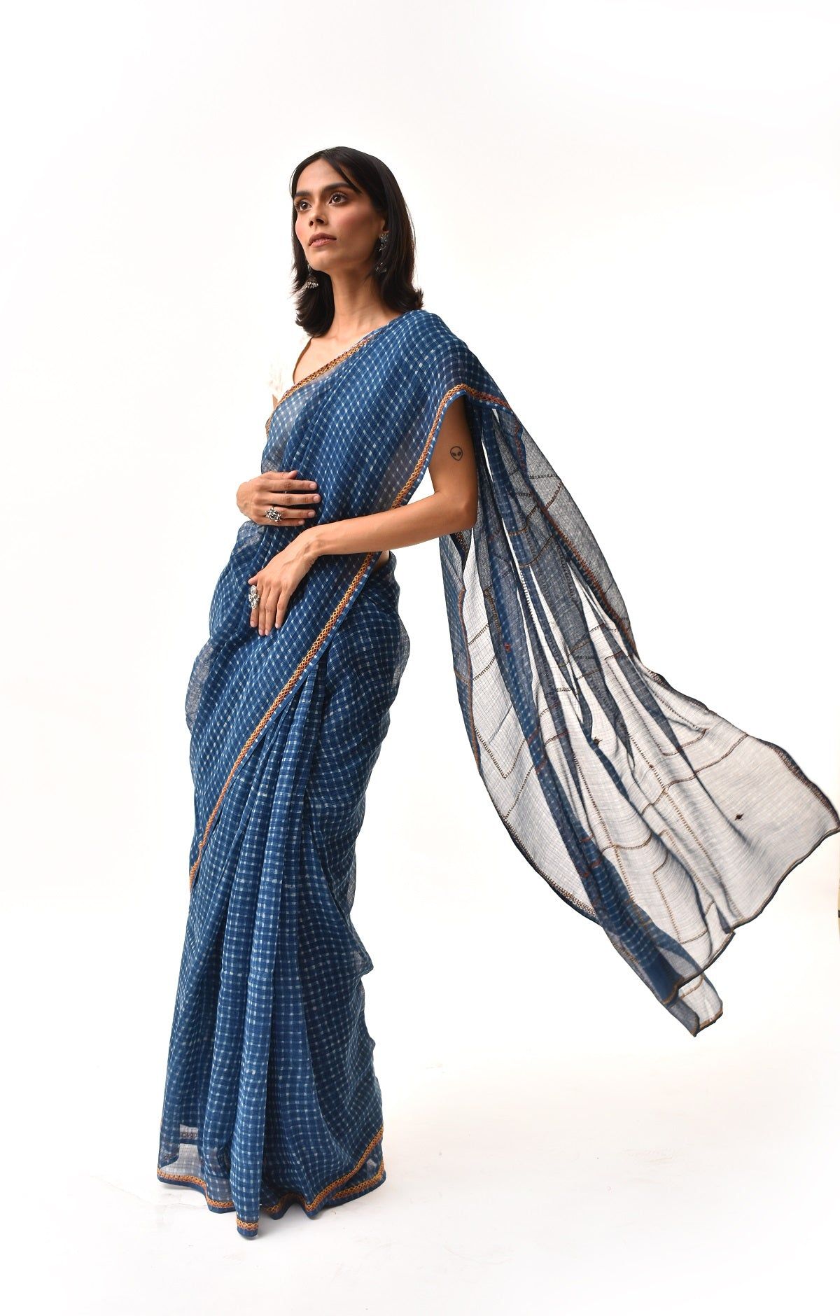 Fiza Indigo Hand-Embroidered Block-Printed Checks Saree