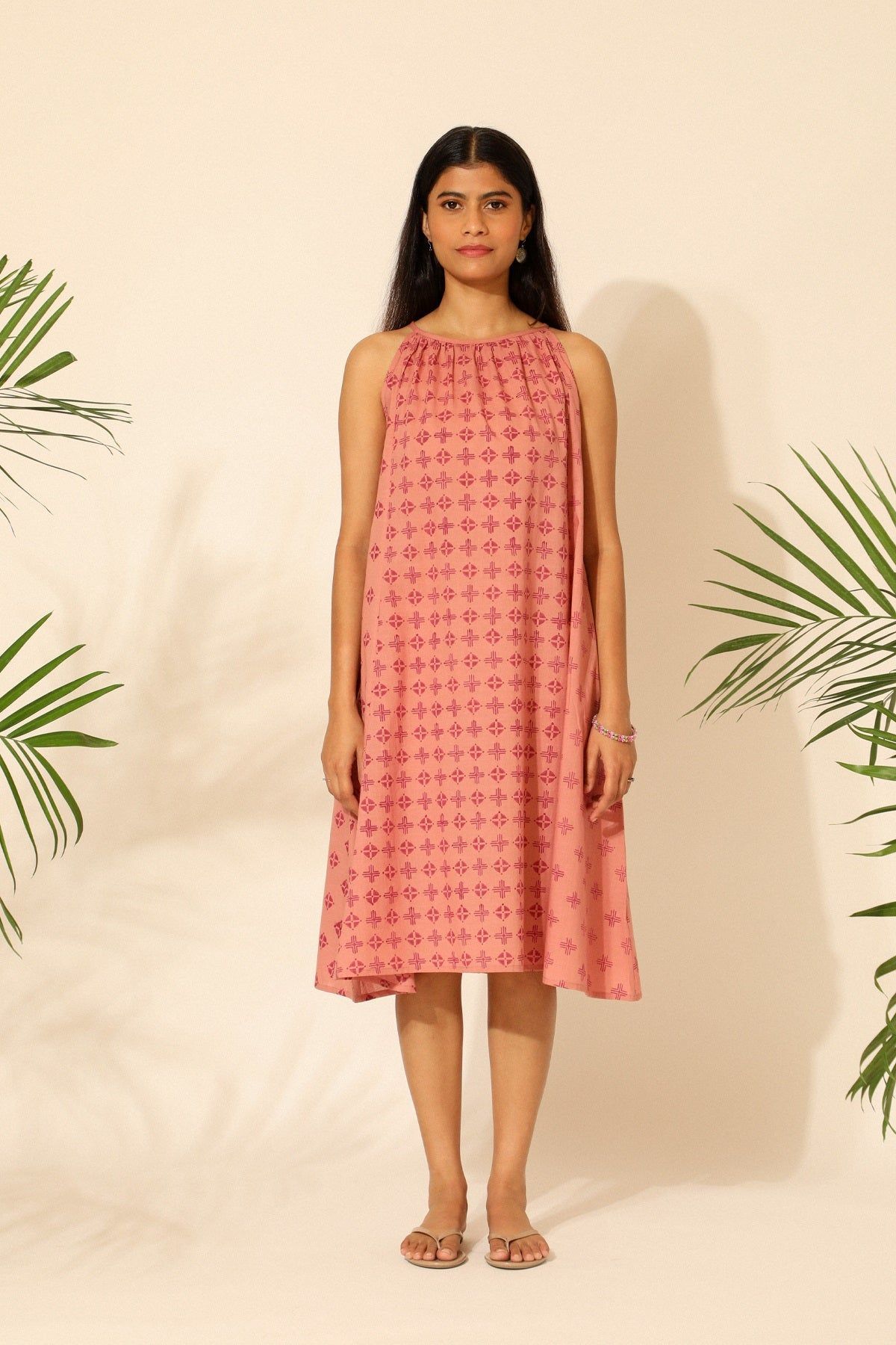 Tiera Pink Block Printed A-line Sleeveless Dress