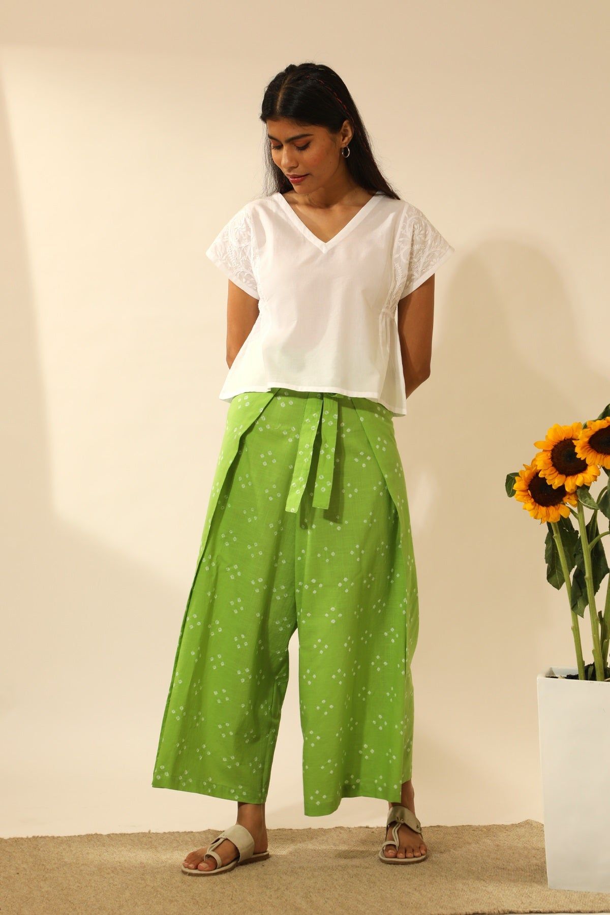 Bandhani Wraparound Pants In Lime Green