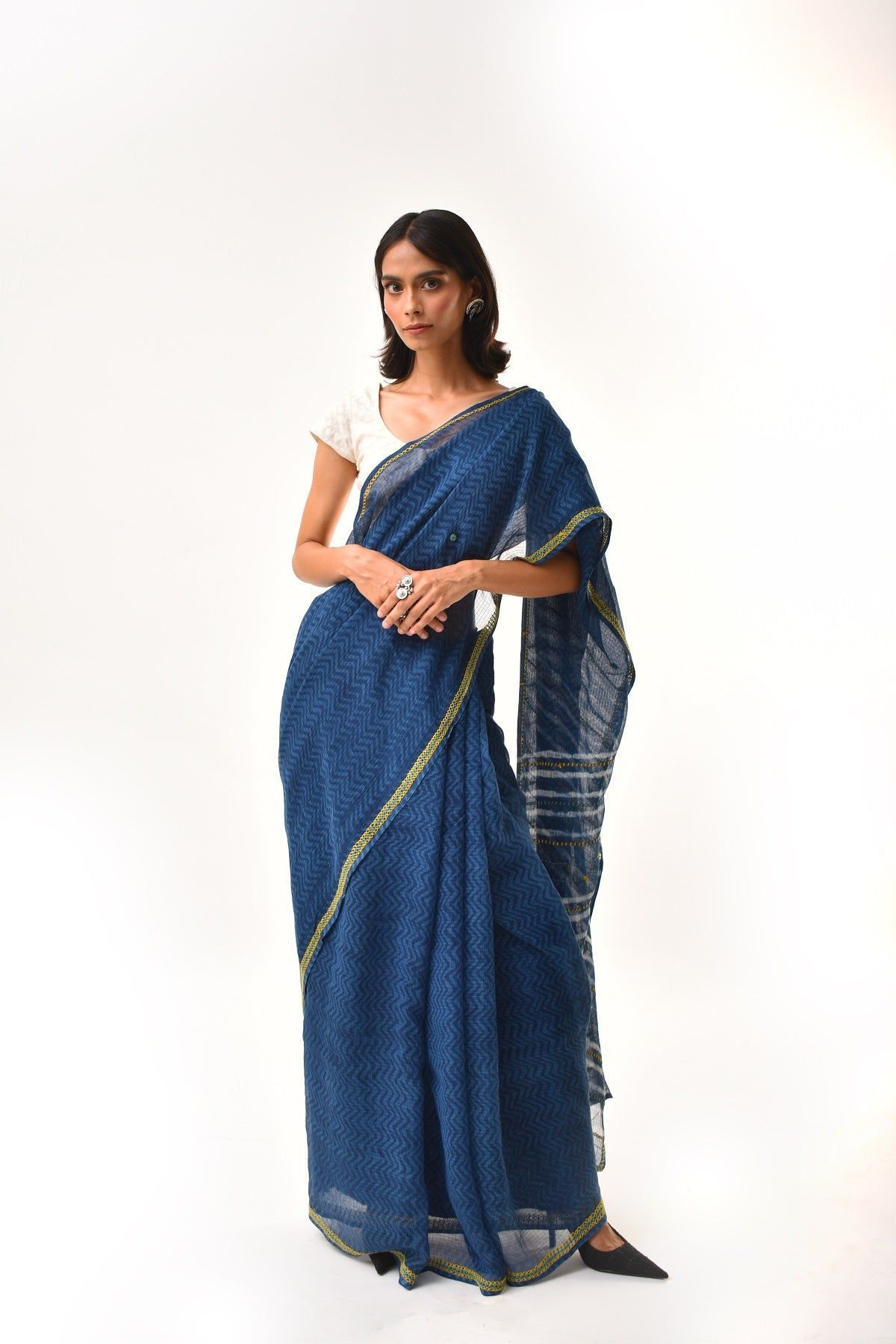 Fiza Indigo Hand-Embroidered Block-Printed Chevron Saree