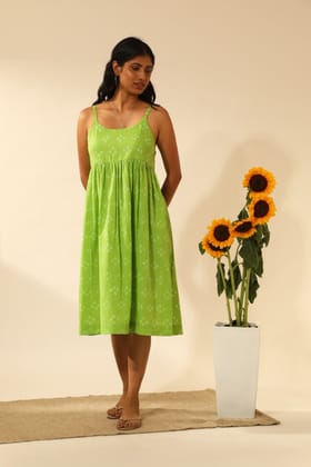 Bandhani Strappy Knee Length Dress In Lime Green