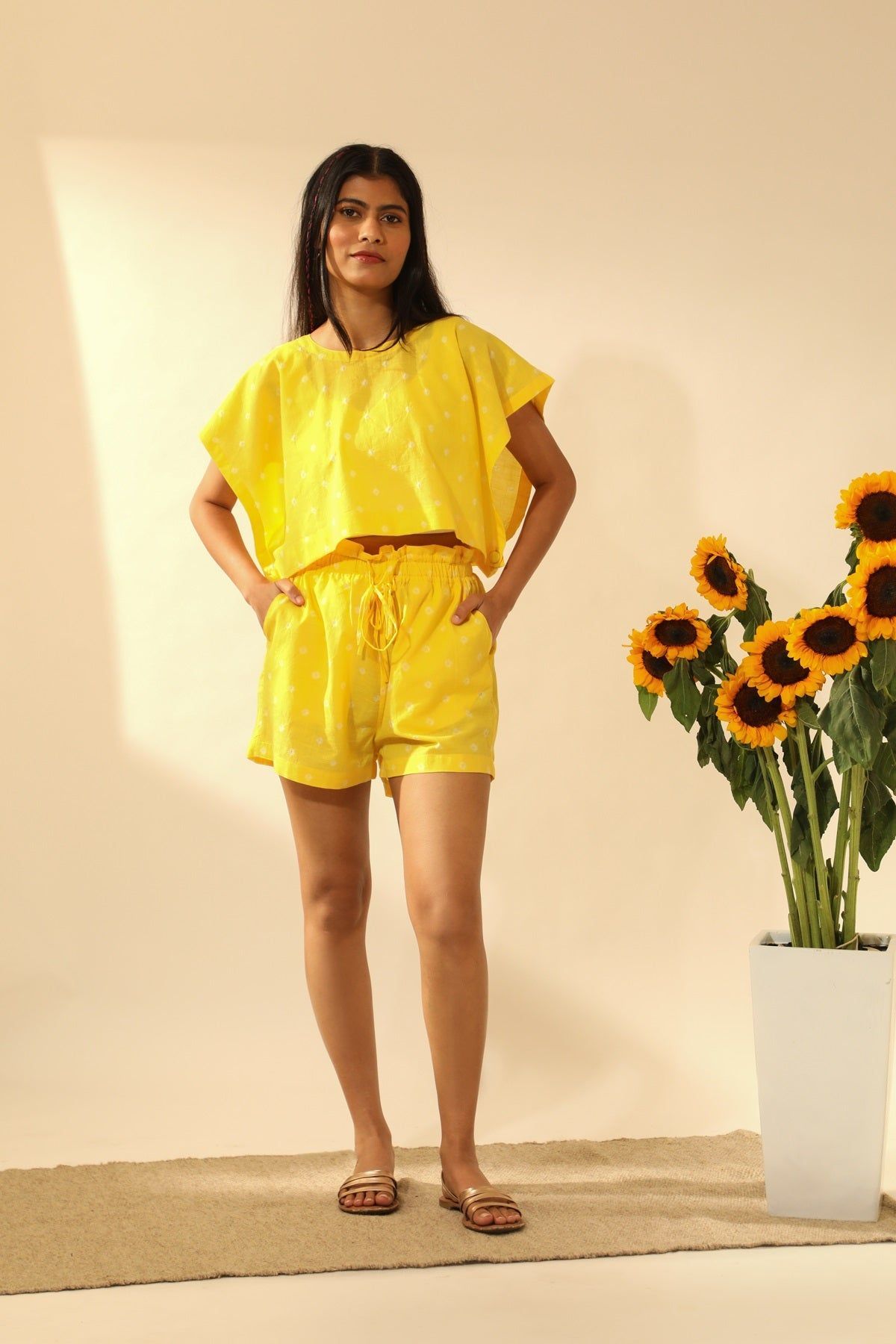 Bandhani Paper Bag Waist Shorts In Electric Yellow