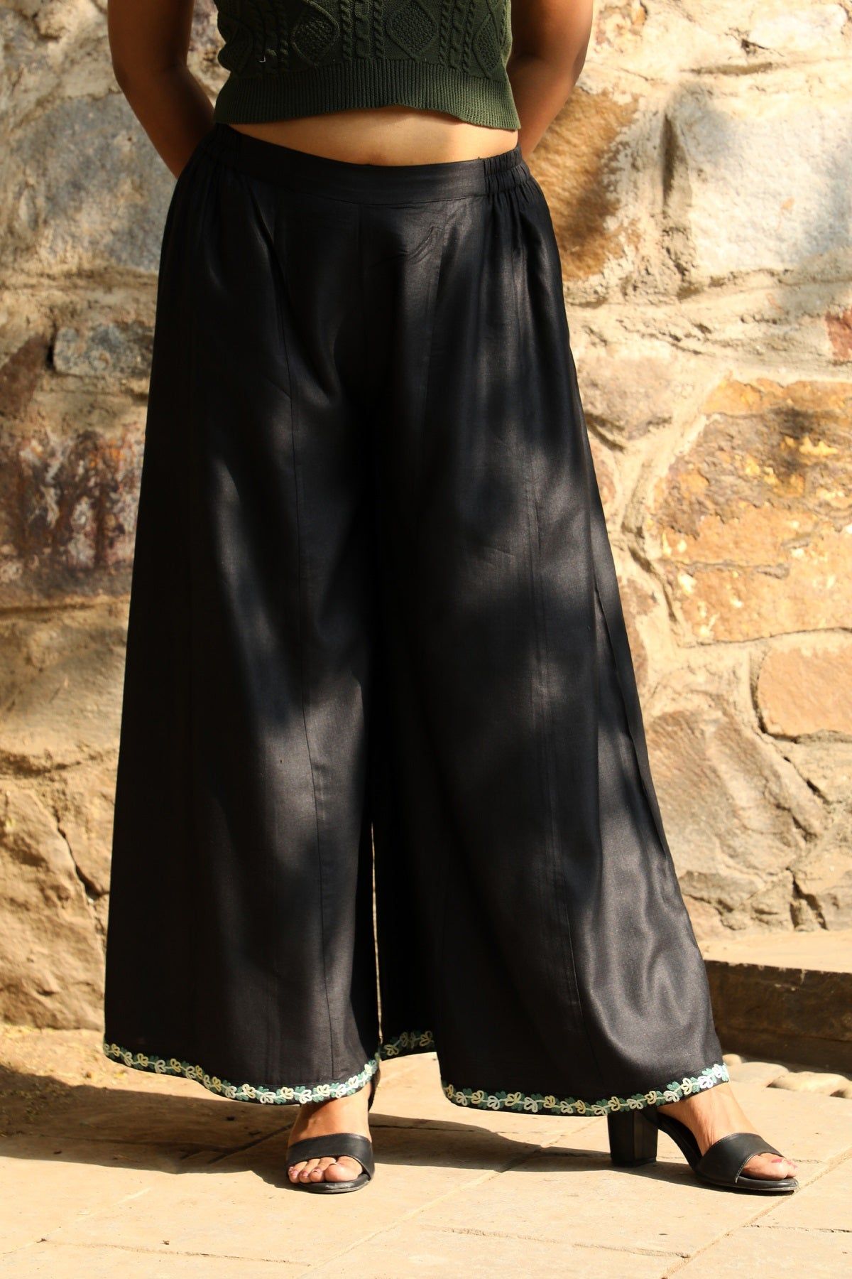 Zahrun Black Pants with Embroidered Hemline