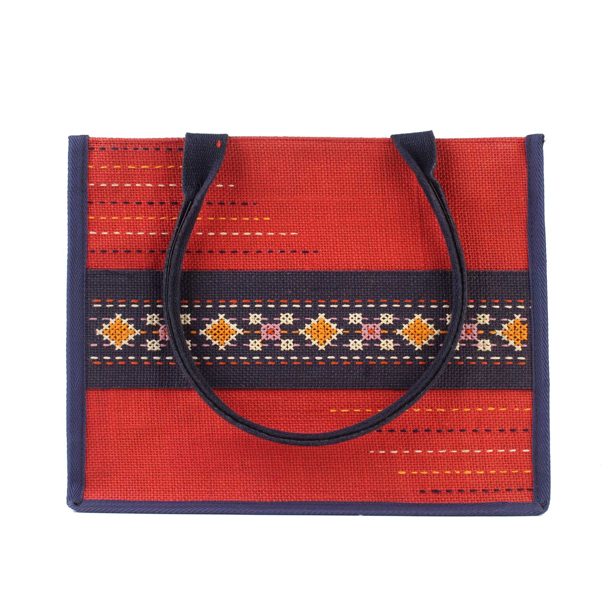 Tribes India Hand Embroidered Red Jute Handbag