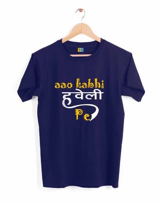 TEEGURUJI Cotton Aao Kabhi Haweli Pe Print Navy Blue T-Shirt