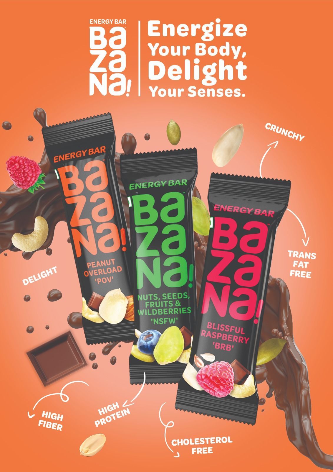 Bazana - 3-in-1 Energy Bars | Nutrient-packed | Protein, Carbohydrates & Healthy Fats | Sustained Energy | Good for Pre & Post Workout - Raspberry, Nut Seeds Fruit & WildBerries, Peanut Overload