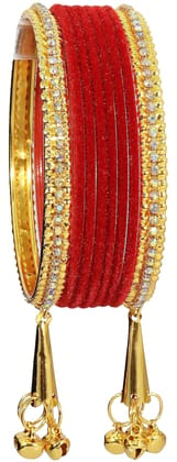 NMII Metal with Zircon Gemstone and Velvet Studded Bells Latkan Bangles Set For Girls and Women I Latkan Bangles, Premium Bangle Bracelet Set I Pack of 16 Bangles