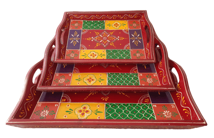 Isharaa Handmade wooden serving tray red (Set of 3) Made by specially aided Rajasthani female artists