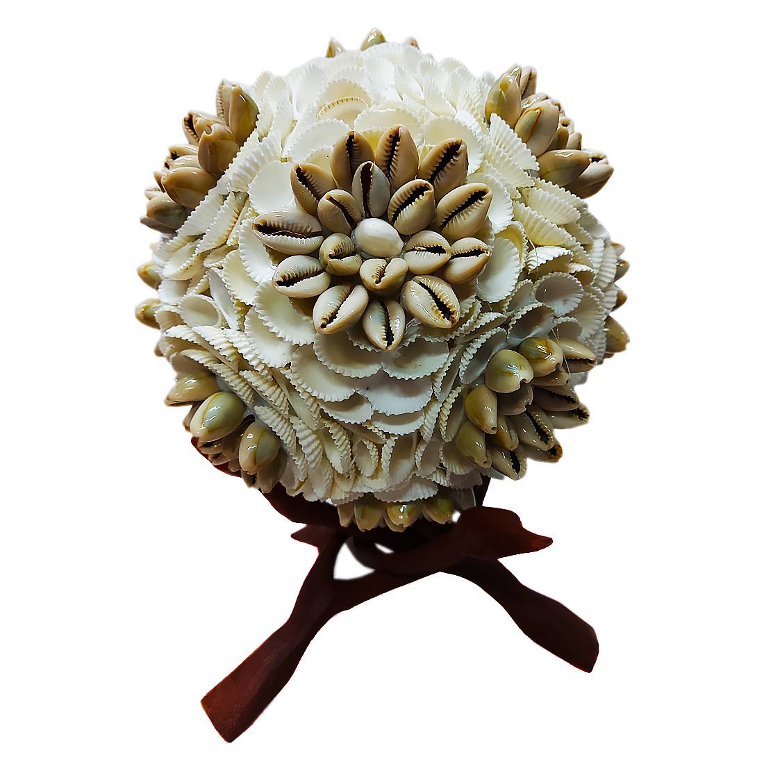 Hubshi Sea Shell Gray cowrie Flower Ball With 3 Legs Wooden Cobra Stand Handmade